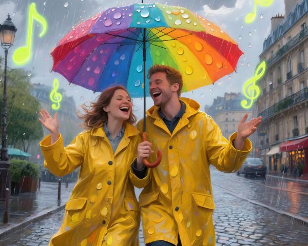 Young couple with umbrellas walking in the rain
