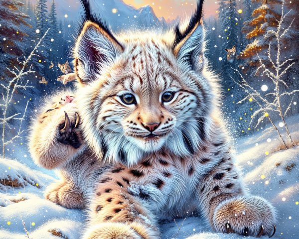 Lynx in Snowy Landscape with Mountains and Snowflakes