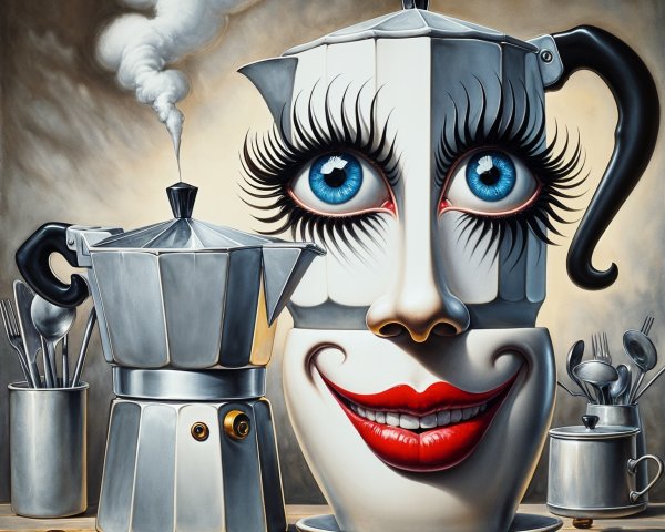 Whimsical Teapot and Coffee Maker in Cartoonish Scene