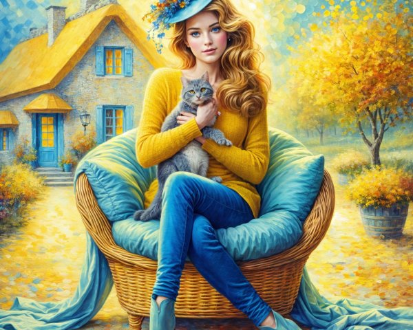 Young Woman with Cat in Cozy Autumn Setting
