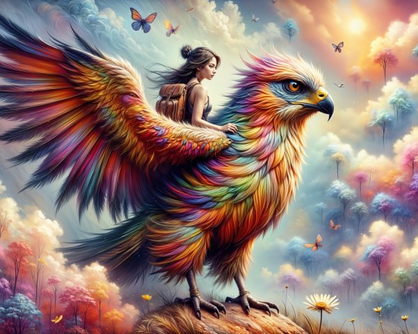 Majestic phoenix and woman in a serene landscape