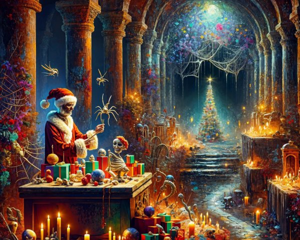 Skeletal Santa Claus in a Mystical Cavern Setting