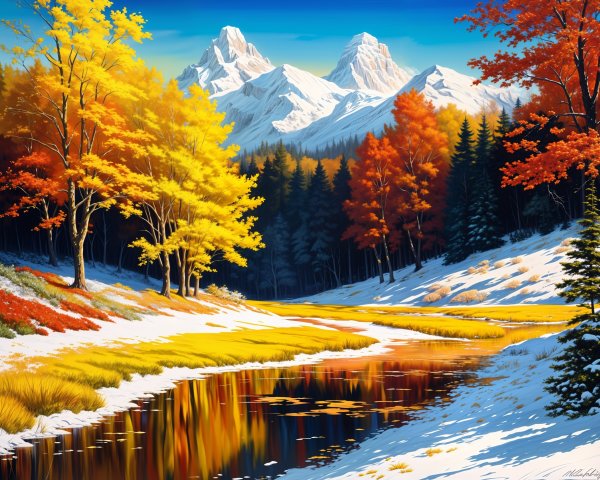 Autumn Landscape with River and Snow-Capped Mountains