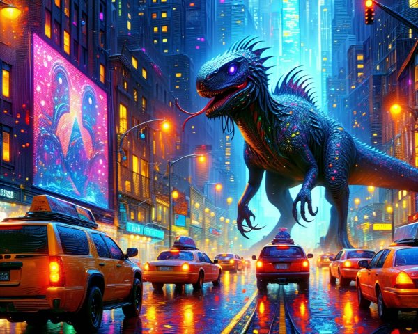 Neon Cityscape with Giant Colorful Dinosaur Display