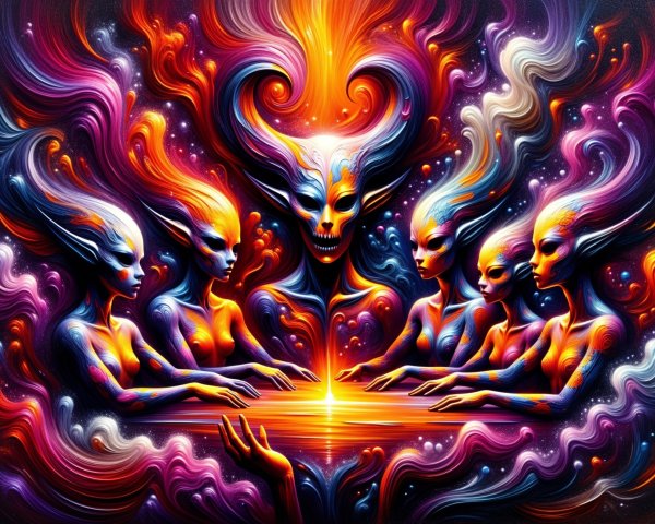 Cosmic Scene with Ethereal Beings and Galaxies