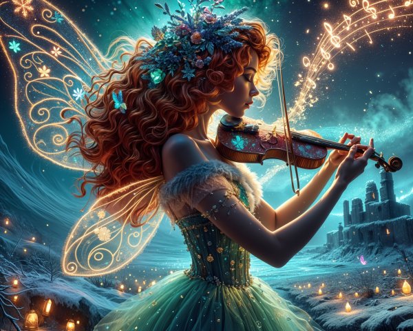 Fairy Playing Violin in Enchanted Winter Landscape