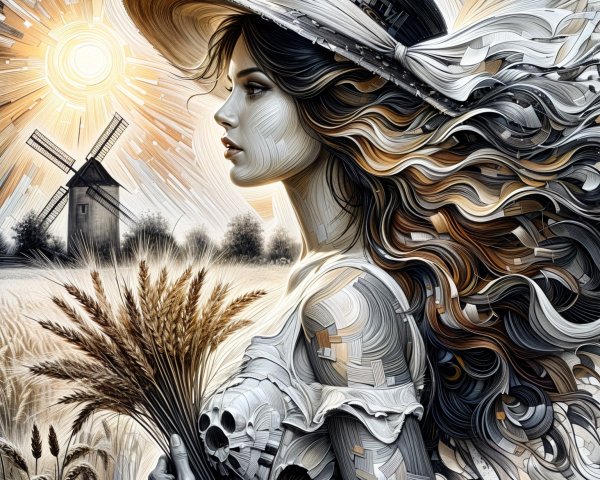Artistic portrayal of a woman with wheat and windmills