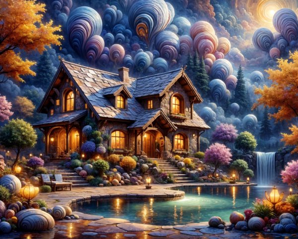 Cottage by Pool Surrounded by Floral Gardens and Clouds
