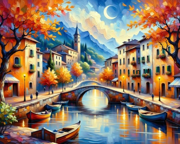 Autumn Village Scene by a Serene Canal