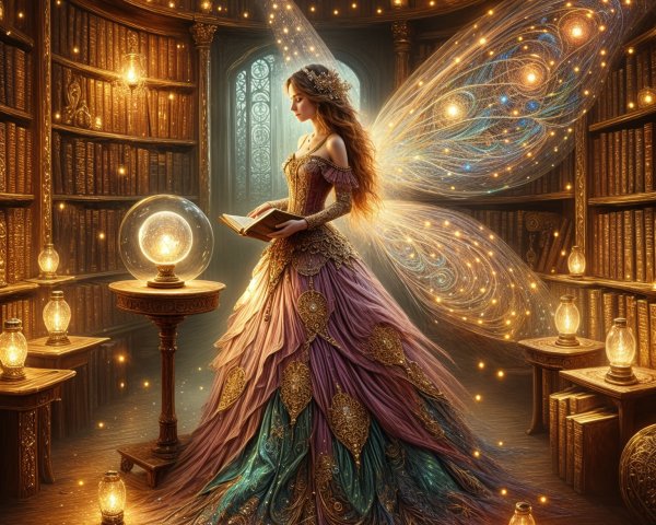 Magical Fairy in Enchanted Library with Open Book