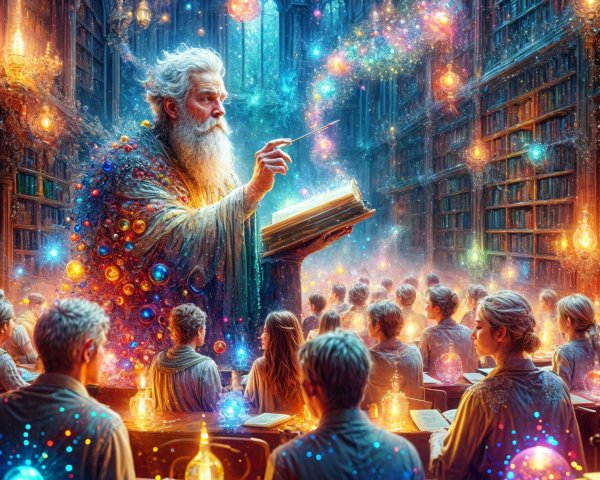 Elderly Wizard Teaching in a Mystical Library