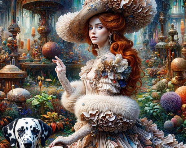 Vibrant Garden Scene with Woman and Dalmatian