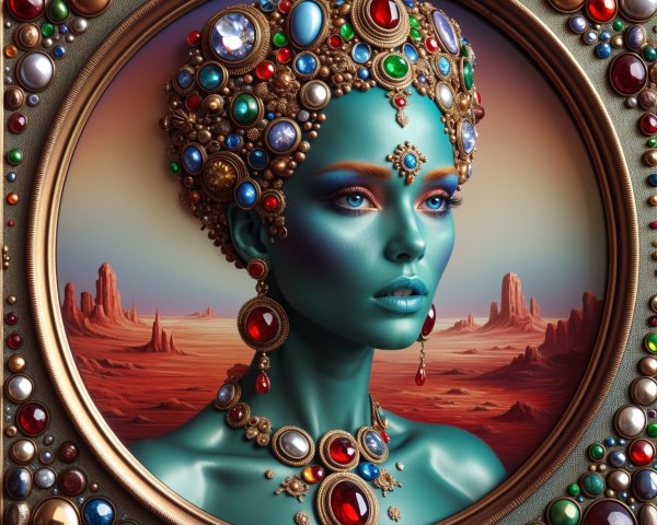Turquoise-skinned figure in jeweled attire in desert scene