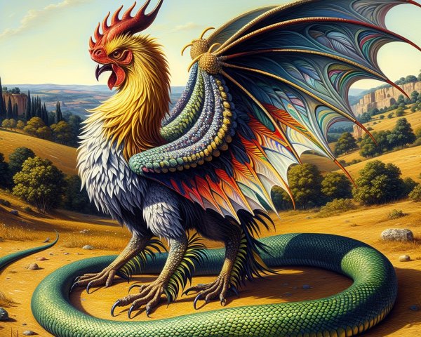 Majestic Rooster-Dragon Creature in Sunlit Landscape
