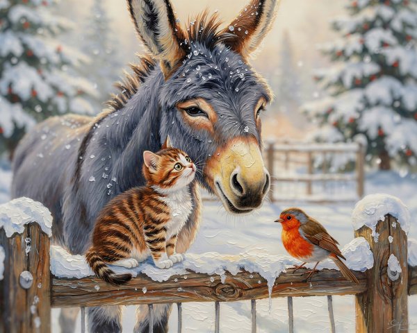 Winter Scene with Donkey, Cat, and Robin in Snow