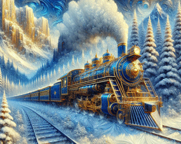 Majestic Steam Train in Snowy Landscape with Mountains