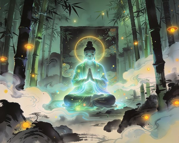 Ethereal Buddha Surrounded by Bamboo and Lanterns
