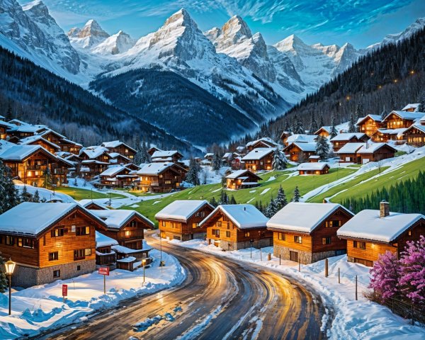 Snowy Mountain Village with Wooden Chalets and Peaks
