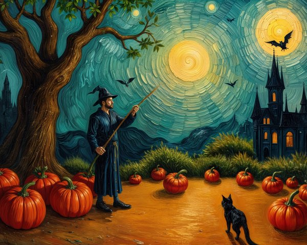 Whimsical Autumn Scene with Pumpkins and Moons