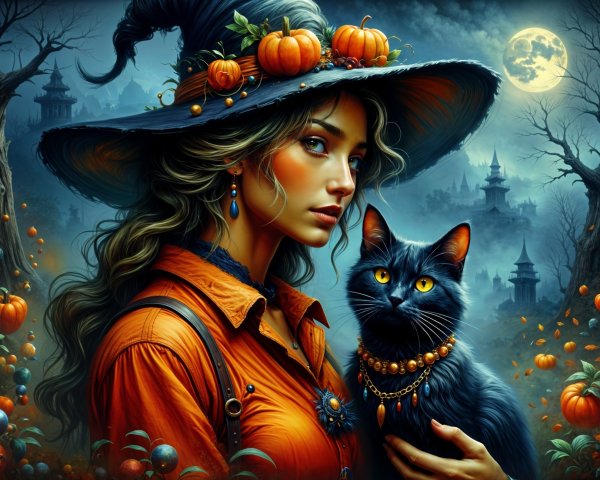 Mystical Scene of Woman in Witch Hat with Black Cat