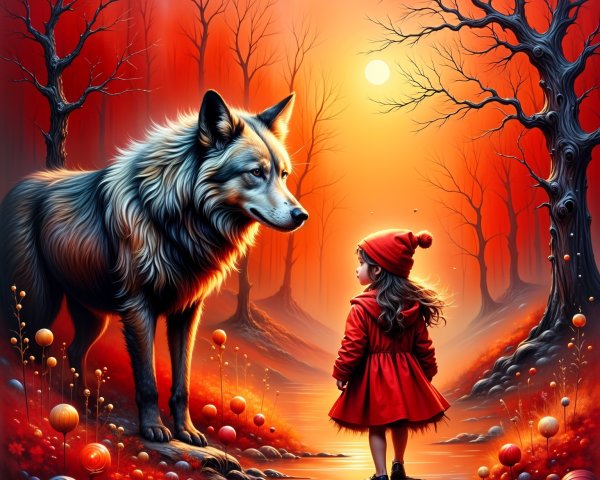 Young girl in red coat with wolf in vibrant landscape