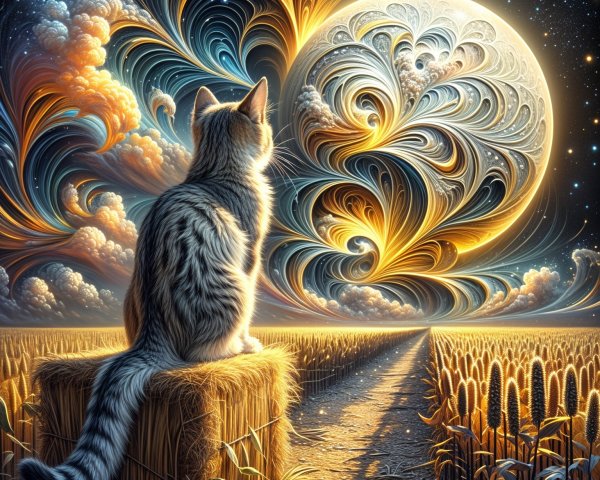 Fluffy Gray Cat on Hay Bale Under Stylized Night Sky