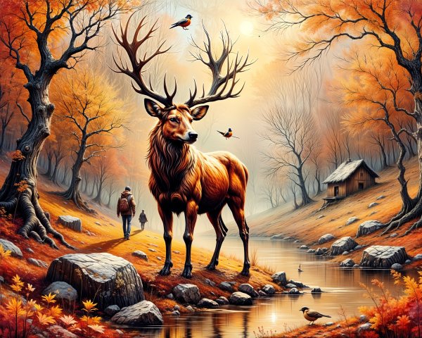 Autumn Forest Scene with Stag and River Setting