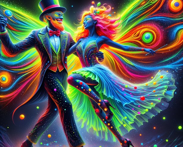 Vibrant Dance Scene with Colorful Costumes and Effects