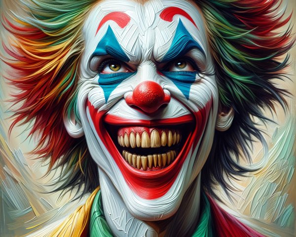 Vividly Colored Clown with Menacing Grin and Patterns