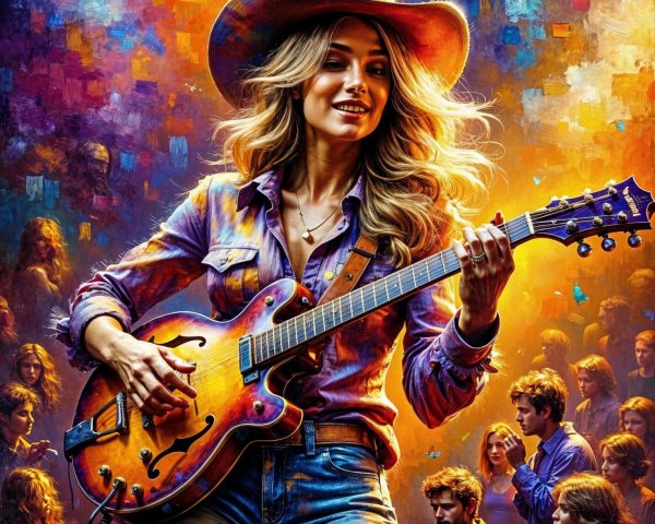 Young Woman Playing Electric Guitar at Lively Concert