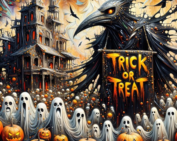 Eerie Halloween Scene with Mansion and Ghostly Figures