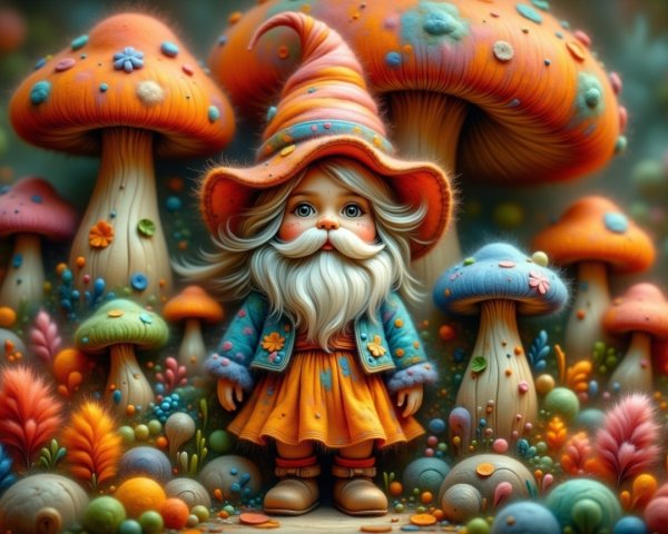 Whimsical Gnome in a Colorful Mushroom Forest