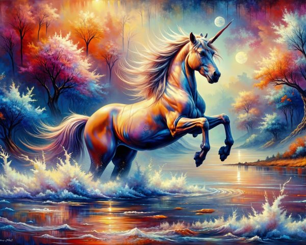 Unicorn Leaping Through Water Amidst Autumn Trees