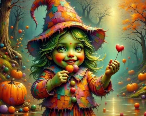 Playful Young Witch in Enchanting Autumn Forest Scene