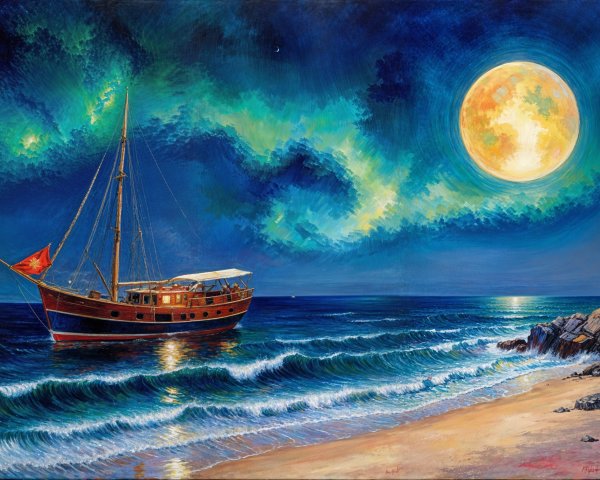 Sailboat on Waves Under Full Moon and Night Sky