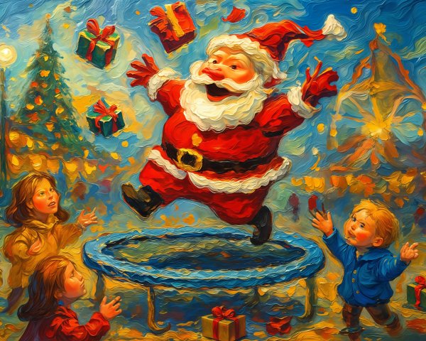 Santa Claus on a trampoline with children and gifts
