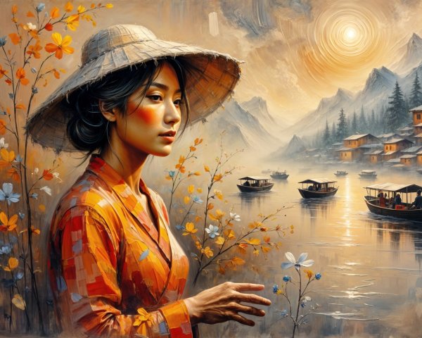 Woman in Traditional Outfit by Tranquil River at Sunset