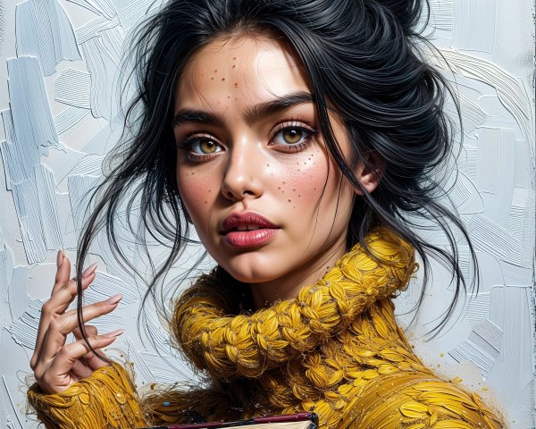 Young woman in yellow sweater with book and freckles