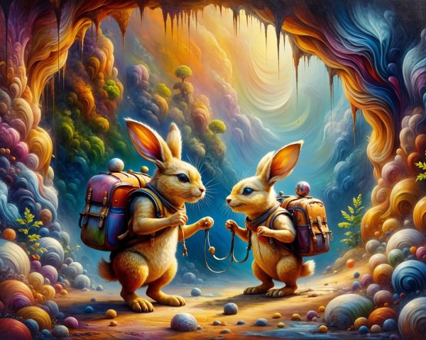 Surreal Cave Adventure with Colorful Rabbits