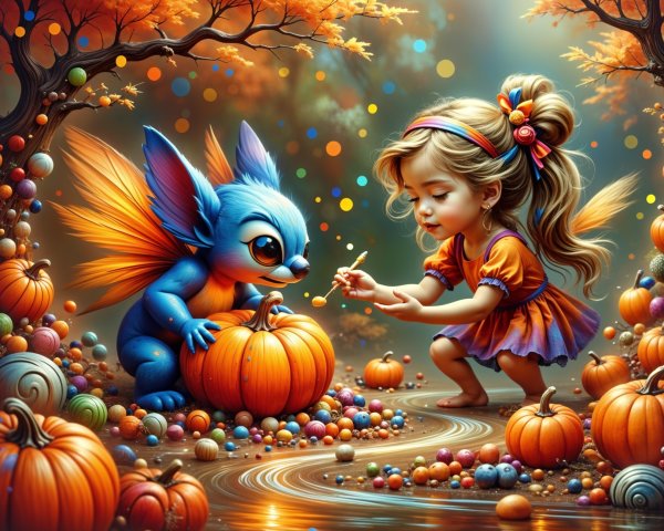Whimsical Autumn Scene with Girl and Colorful Creature