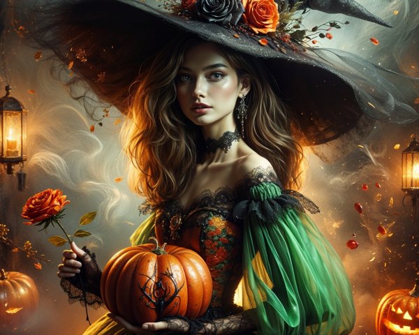 Mystical witch in colorful dress with pumpkin and mist
