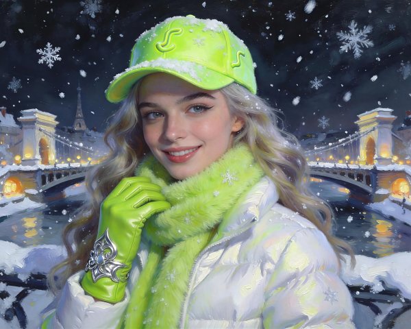 Smiling Woman in Winter Attire in Snowy City Scene