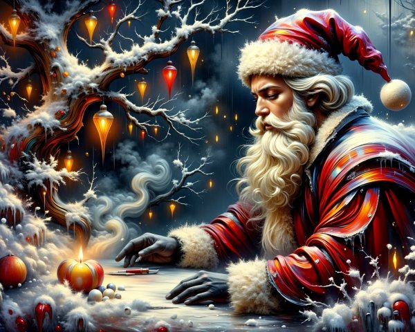 Contemplative Santa in a Winter Scene with Decorations