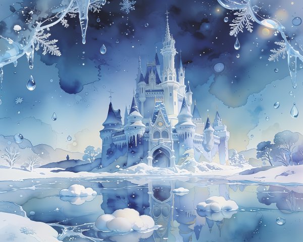 Watercolor of Frozen Fairytale Castle in Winter Scene