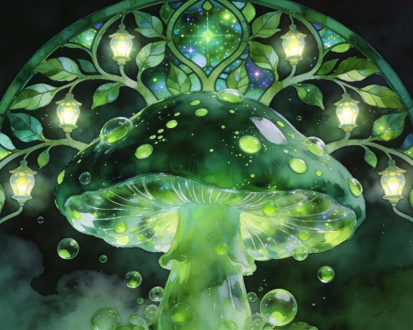 Fantasy Watercolor Illustration of a Glowing Mushroom