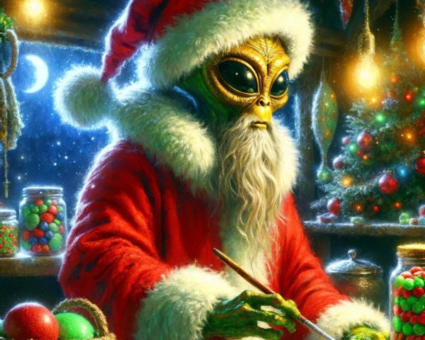 Alien in Santa Costume Crafts Festive Cookies in Workshop