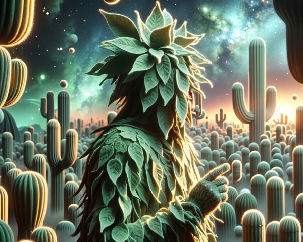 Surreal Landscape with Cloaked Figure and Cosmic Scene