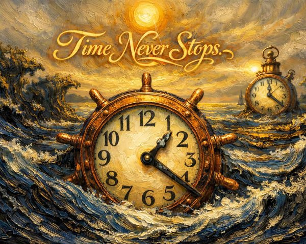 Golden Ship's Wheel Clock Surrounded by Waves and Sun