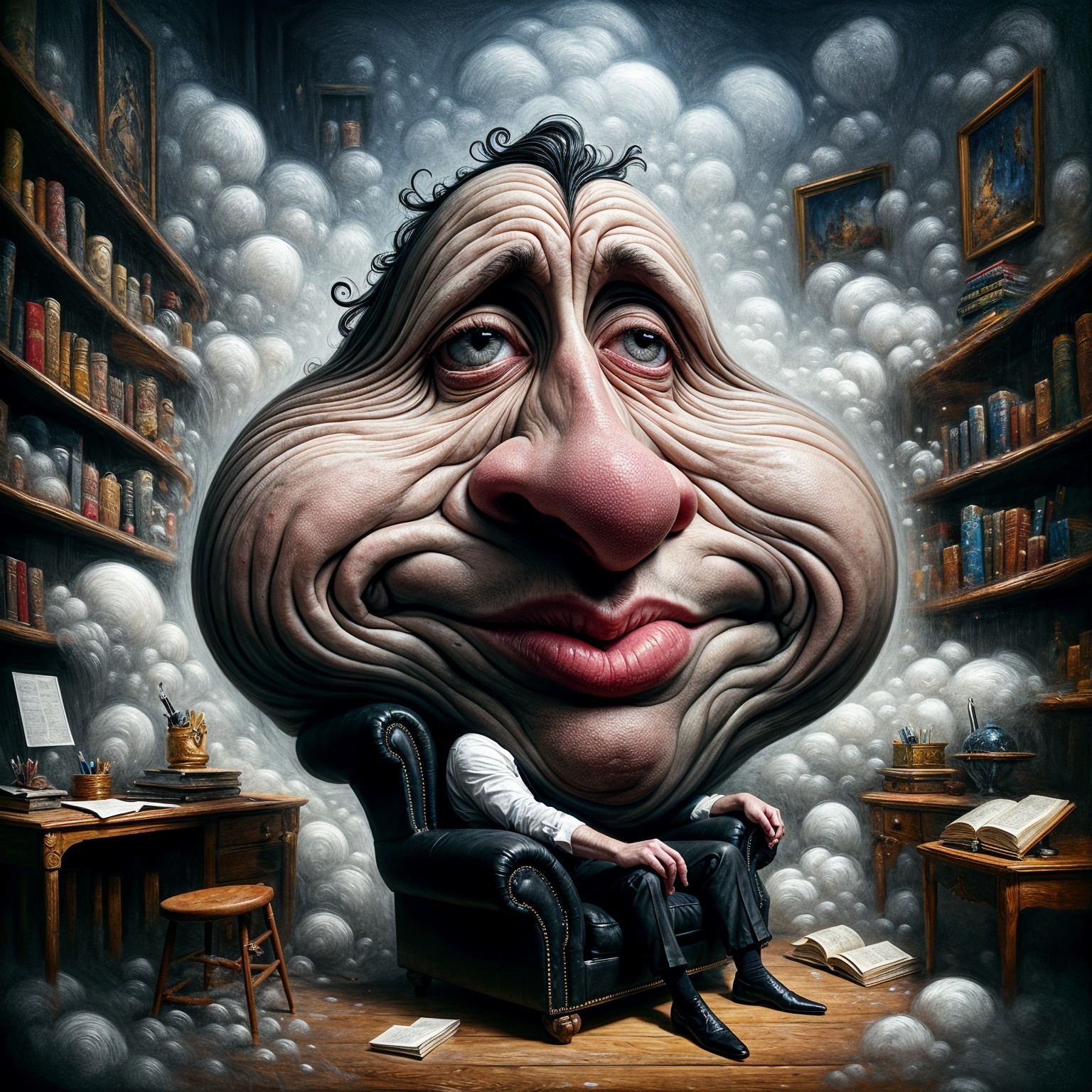 Surreal Character in Armchair Surrounded by Books