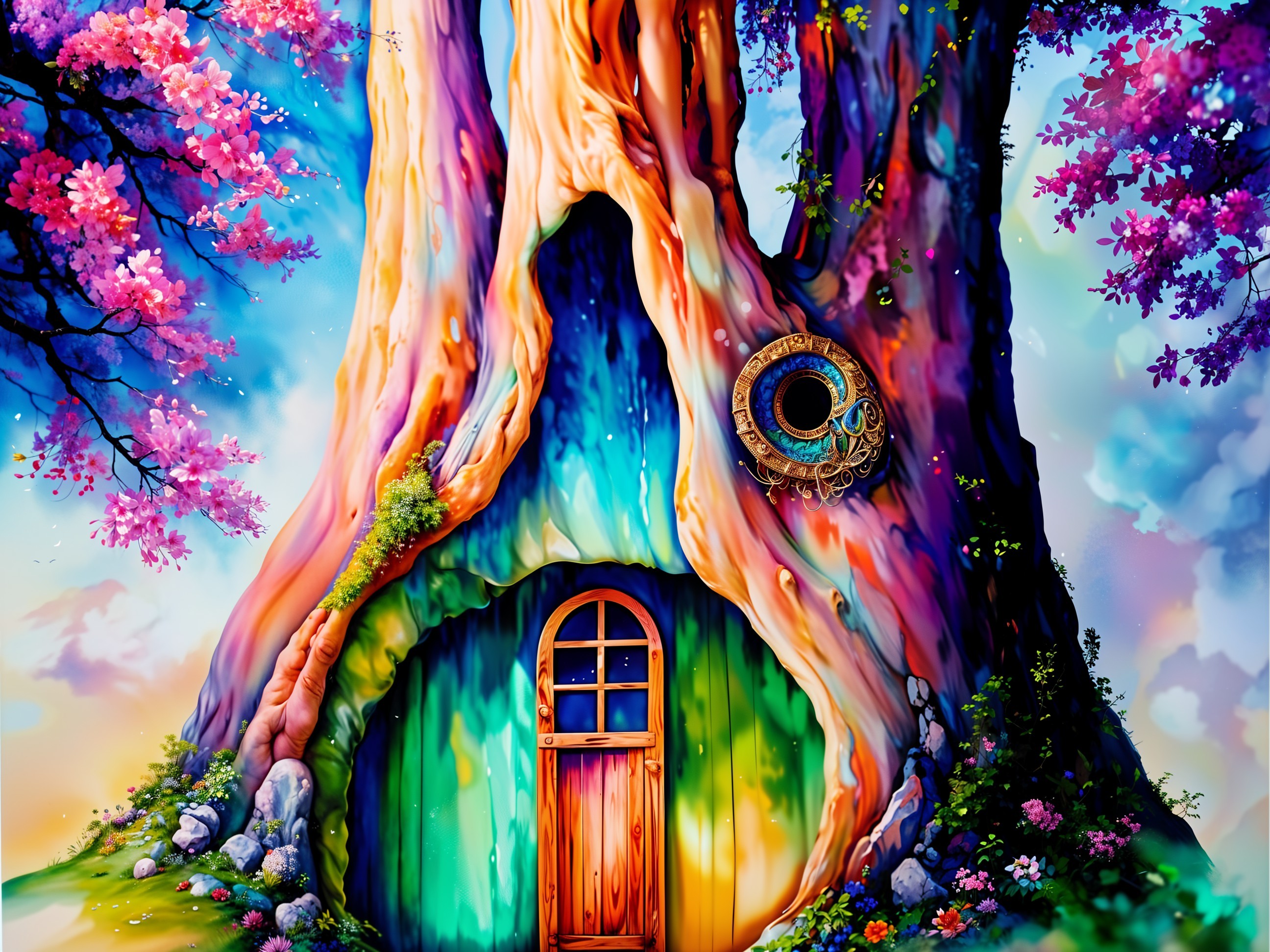 Whimsical Treehouse in a Colorful Fantasy Tree